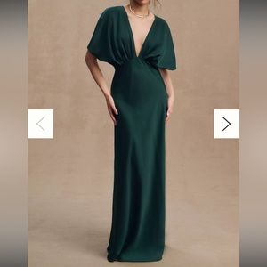 Anthropologie Dark Emerald BHLDN Leila Deep-V Flutter-Sleeve Satin A-Line Gown